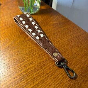 Myra Bag Brown Leather Wrist Key & Card Holder with White Square Accents